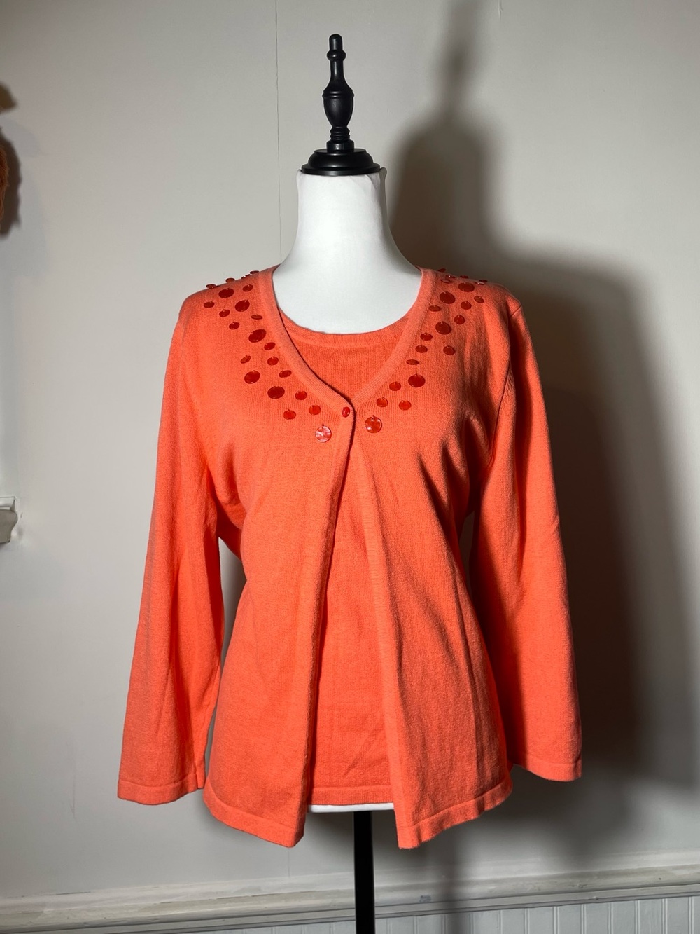 Sag Harbor - Peach Beaded Button Faux Cardigan Long Sleeve Pullover Sweater Top